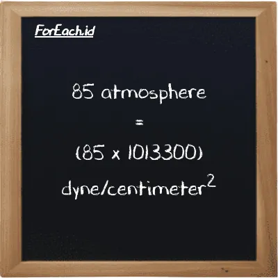 How to convert atmosphere to dyne/centimeter<sup>2</sup>: 85 atmosphere (atm) is equivalent to 85 times 1013300 dyne/centimeter<sup>2</sup> (dyn/cm<sup>2</sup>)
